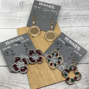 NWT Bundle lot 3 Howards Clover and Medallion Dressy Statement Dangle Earrings.